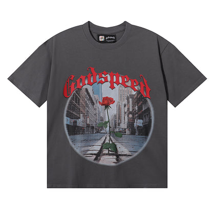 Godspeed T-shirts Street View Rose Print Cotton Casual Short Sleeve Men and Women