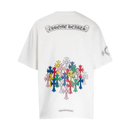 Chrome Heart T Shirts Colorful Cross Flower Arm Short Sleeve
